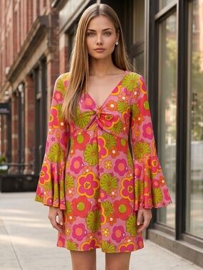 🌻NEW w.tag Barbie 1960s Pink All Over Logo Print Mini Dress Mod Retro Size XL